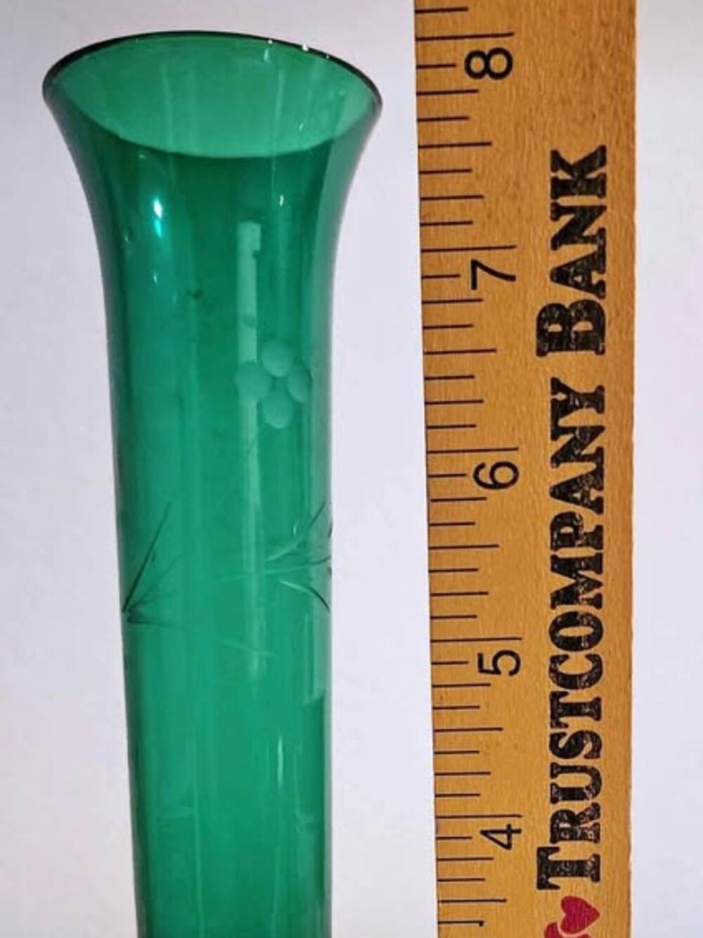 Green etched glass bud vase